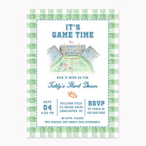 May include: A rectangular invitation card with a green and white watercolor gingham border. The center features a football stadium illustration, a brown football, and blue text reading IT'S GAME TIME, Teddy's Third Down, SEPT 04, 3:00 PM, SULLIVAN FIELD, 141 MOORE DRIVE, CHARLESTON, SC, RSVP TO COACH AT 123.456.7890, NO GIFTS. PLEASE! THIS STADIUM JUST WANTS YOUR ATTENDANCE.