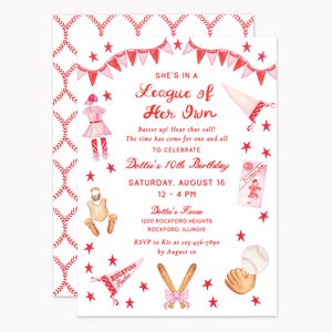 League of Her Own Invitation Set | Custom Girl's Baseball Party Invitations | Personalized 5x7 Invites with Envelopes