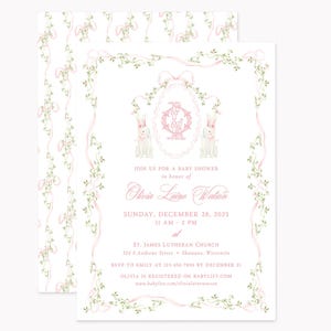 Blushing Bunny Crest Invitations | Printed 5x7 Easter Rabbit Spring Party Invites with Envelopes