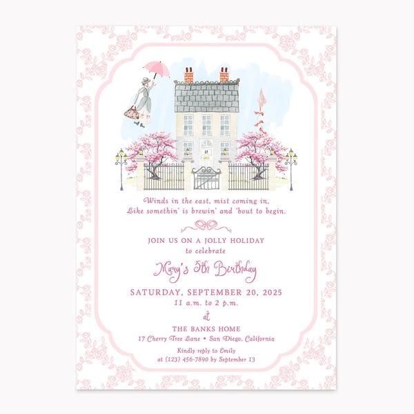 Cherry Tree Lane Invitations | Printed 5x7 Mary Poppins-Inspired Party Invites with Envelopes