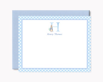 Printed Peter Rabbit Monogram Stationery Set | Spring Baby Shower Note Cards for Baby Boy | A2 Flat Stationary with Envelopes