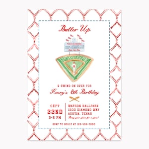 May include: A baseball-themed birthday invitation featuring a red stitched border, a watercolor baseball field, and a scoreboard. Text includes Batter Up, Henry's 8th Birthday, Sept 22nd, 3-6 PM, Watson Ballpark, 1200 Diamond Way, Austin, Texas, and RSVP to Molly at 123-456-7890.