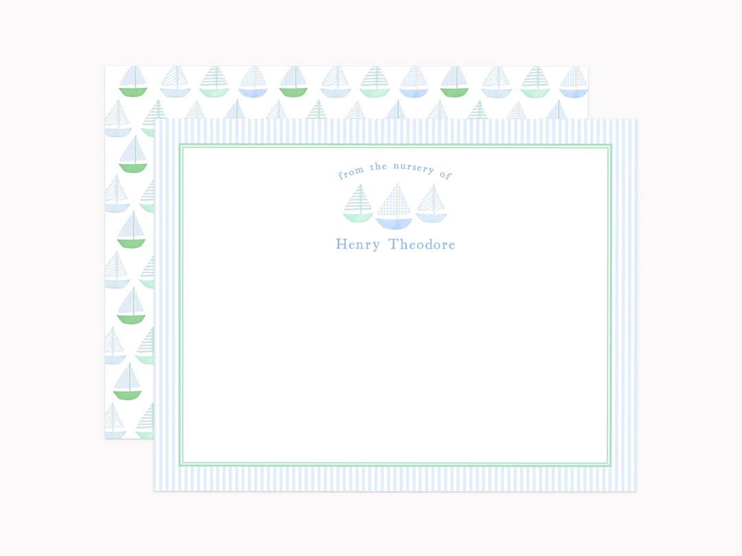 Nautical Sailboat Stationery Set Custom Baby Shower Note Cards for Baby Boy Personalized A2 Flat ...