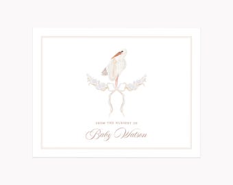 White Stork Stationery Set | Custom Gender Neutral Baby Shower Note Cards | Personalized A2 Folded Stationary with Envelopes