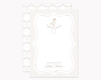White Stork Stationery Set | Custom Gender Neutral Baby Shower Note Cards | Personalized 5x7 Flat Stationary with Envelopes