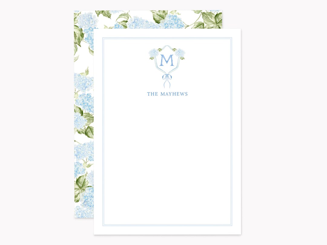 Printed Blue Hydrangea Crest Stationery Set | Custom Watercolor ...