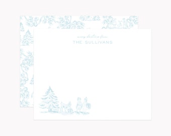 Printed Christmas Toile Stationery Set | Vintage Holiday Note Cards | Personalized A2 Flat Stationary with Envelopes