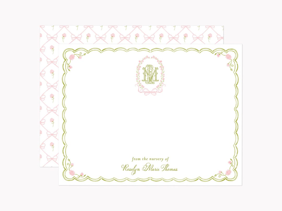 Coquette Rose Crest Note Cards | Custom A2 Grandmillennial Monogram ...