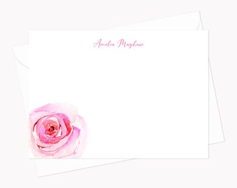 Printed Watercolor Rose Stationery Set | Valentine's Day Note Cards for Girls | Personalized 7x5 Flat Stationary with White Envelopes