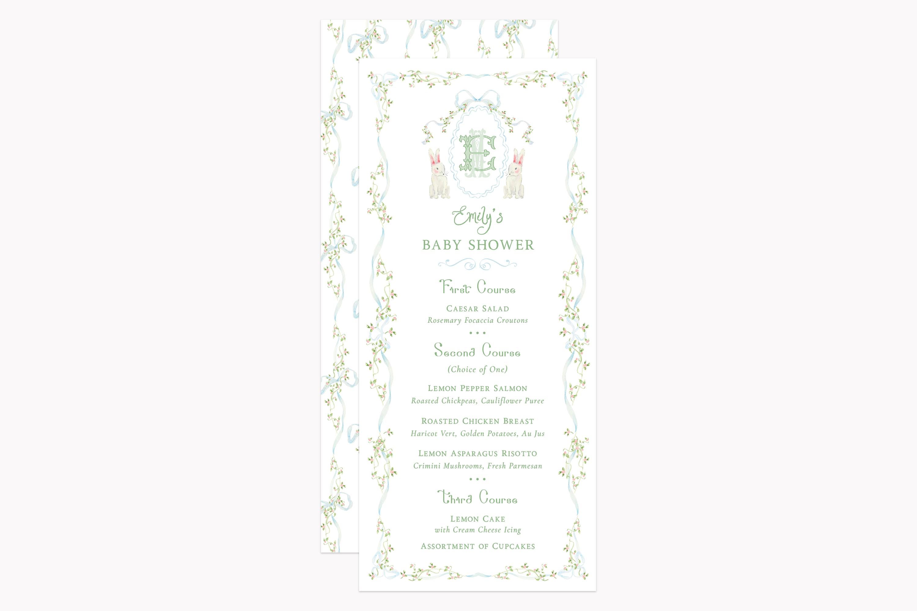 Blushing Bunnies Menu Set | Custom Spring Monogram Crest Baby Shower Menus | Personalized 4x9 Menu Cards