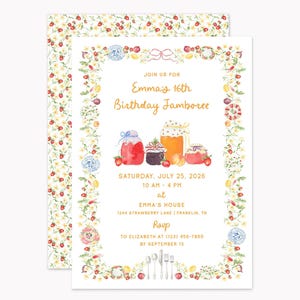 May include: A rectangular invitation card featuring a watercolor border of strawberries, flowers, and small plates. The text reads: JOIN US FOR Emma's 16th Birthday Jamboree SATURDAY, JULY 25, 2026 10 AM - 4 PM at EMMA'S HOUSE 1244 STRAWBERRY LANE | FRANKLIN, TN RSVP TO ELIZABETH AT (123) 456-7890 BY SEPTEMBER 13.