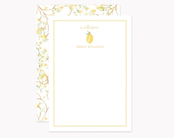 Lemon Chinoiserie Stationery Set | Custom Watercolor Italian Citrus Note Cards | Personalized 5x7 Flat Stationary with Envelopes