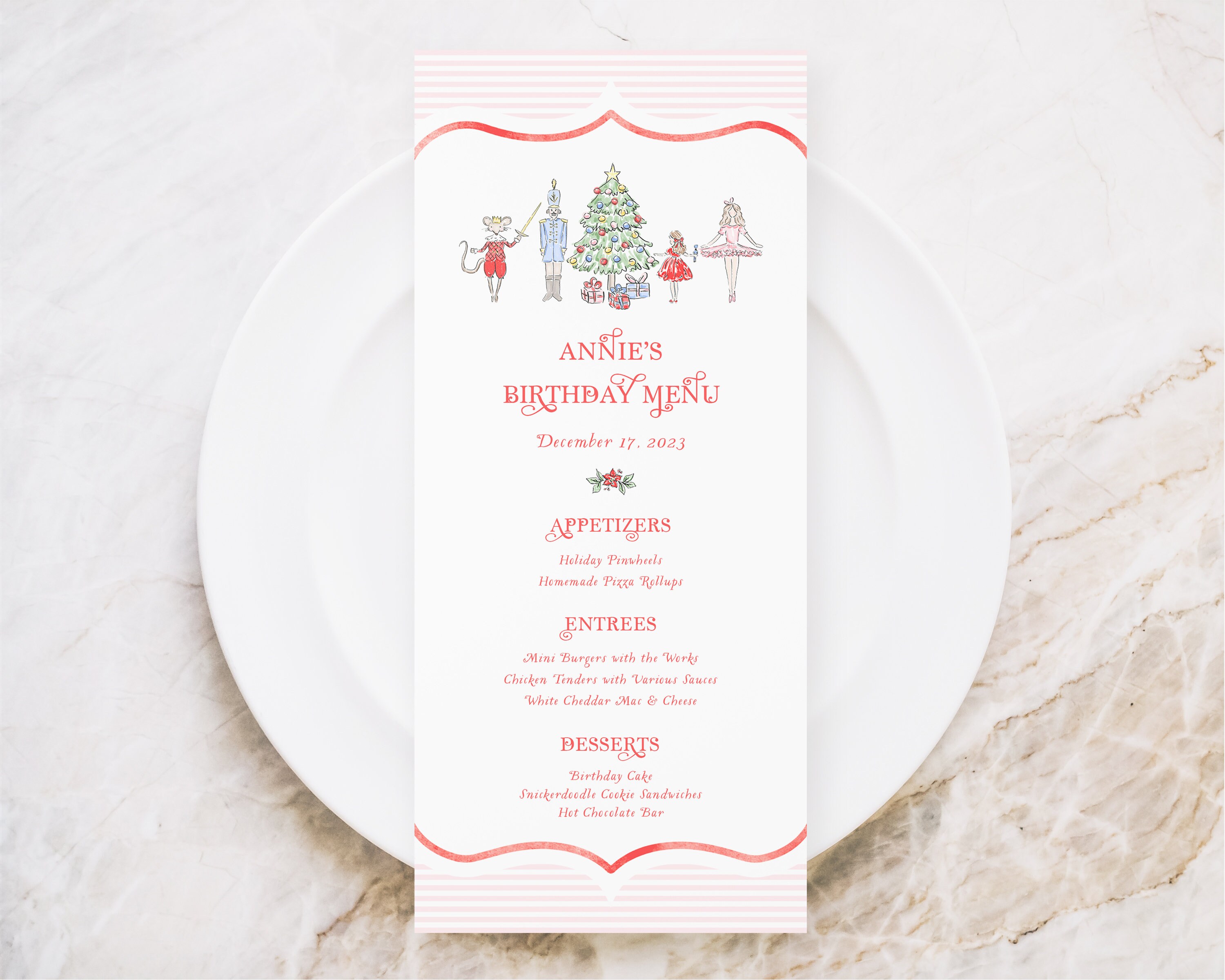 Printed Nutcracker Menu Set 4x9 Christmas Party Menus Personalized