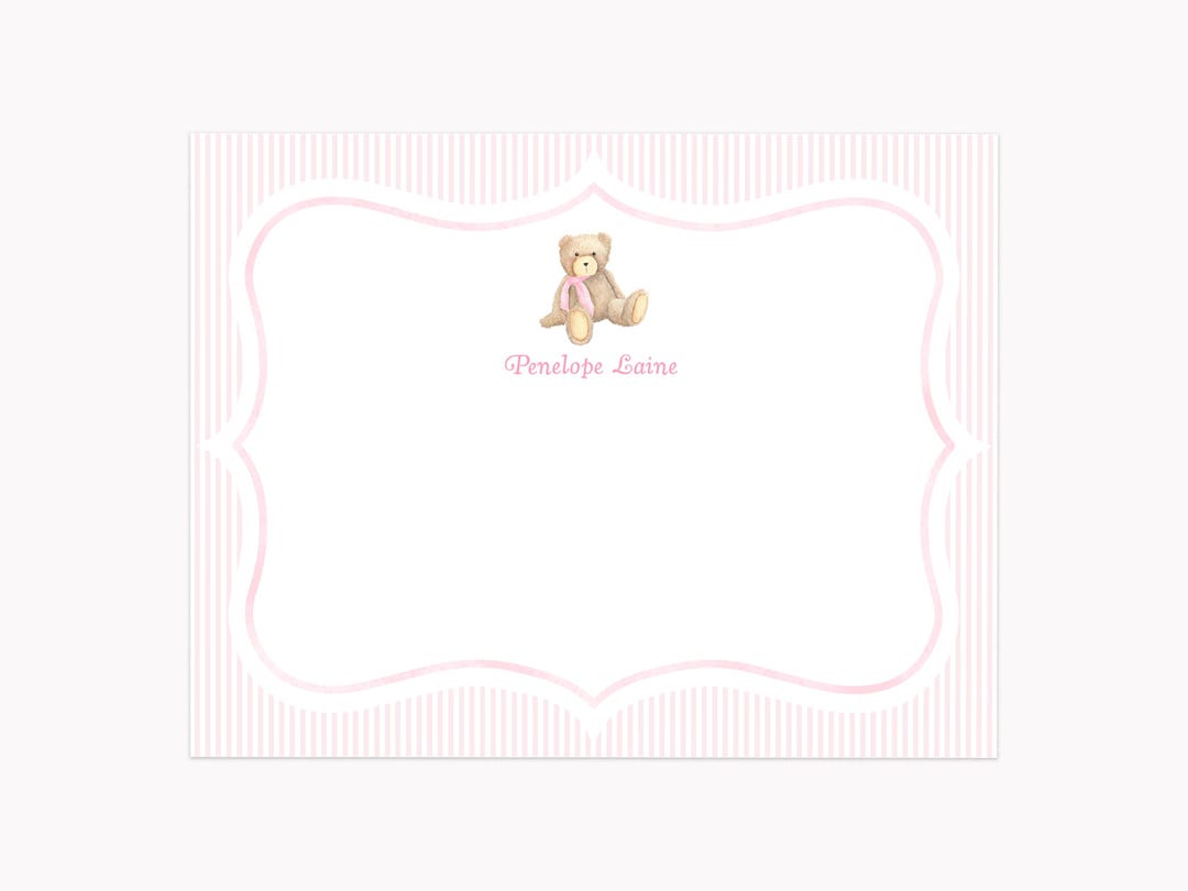 Teddy Bear Note Cards | Custom A2 Flat Girl Baby Shower Stationery With ...