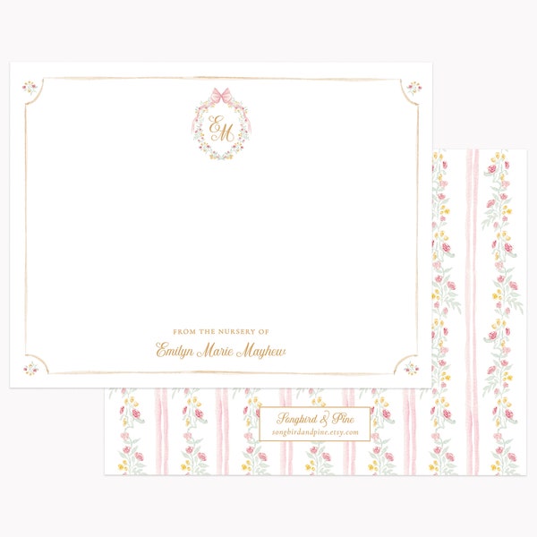 Printed Floral Monogram Crest Stationery Set | Grandmillennial Note Cards | Personalized A2 Flat Stationary with Envelopes