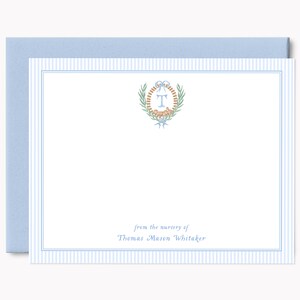 Printed Train Crest Stationery Set | Baby Shower Note Cards for Baby Boy | Personalized A2 Flat Stationary with Envelopes