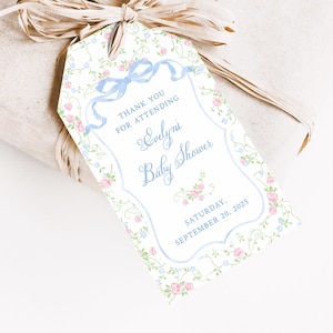 Blue Bow Floral Chintz Gift Tag Set | Custom 2.25x4 Spring Grandmillennial Baby Shower Party Favors | Personalized Hang Tags
