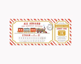 May include: A rectangular birthday invitation designed as a train ticket with red and white striped borders. It features a steam train illustration, the text ALL ABOARD THE BIRTHDAY EXPRESS, ETHAN IS TURNING 5, and a boarding pass section for December 20.