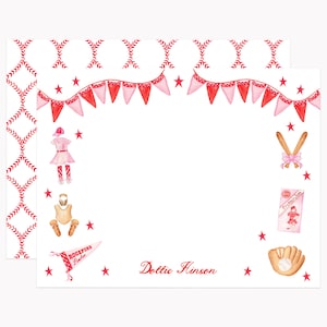 League of Her Own Stationery Set | Custom Girl's Baseball Note Cards | Personalized A2 Flat Stationary with Envelopes