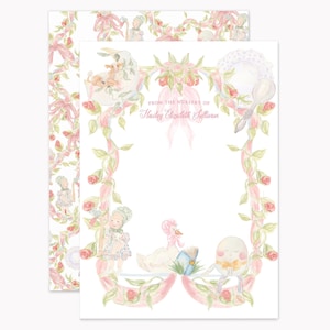 May include: A rectangular stationery card featuring a watercolor border of pink ribbons, green vines, and small red roses. The text reads FROM THE NURSERY OF Hailey Elizabeth Sullivan. Illustrations include a goose, an egg character, and a baby.