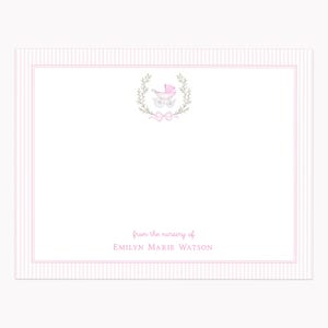 Pink Baby Carriage Stationery Set | Custom Baby Shower Note Cards for Baby Girl | Personalized A2 Flat Stationary with Envelopes