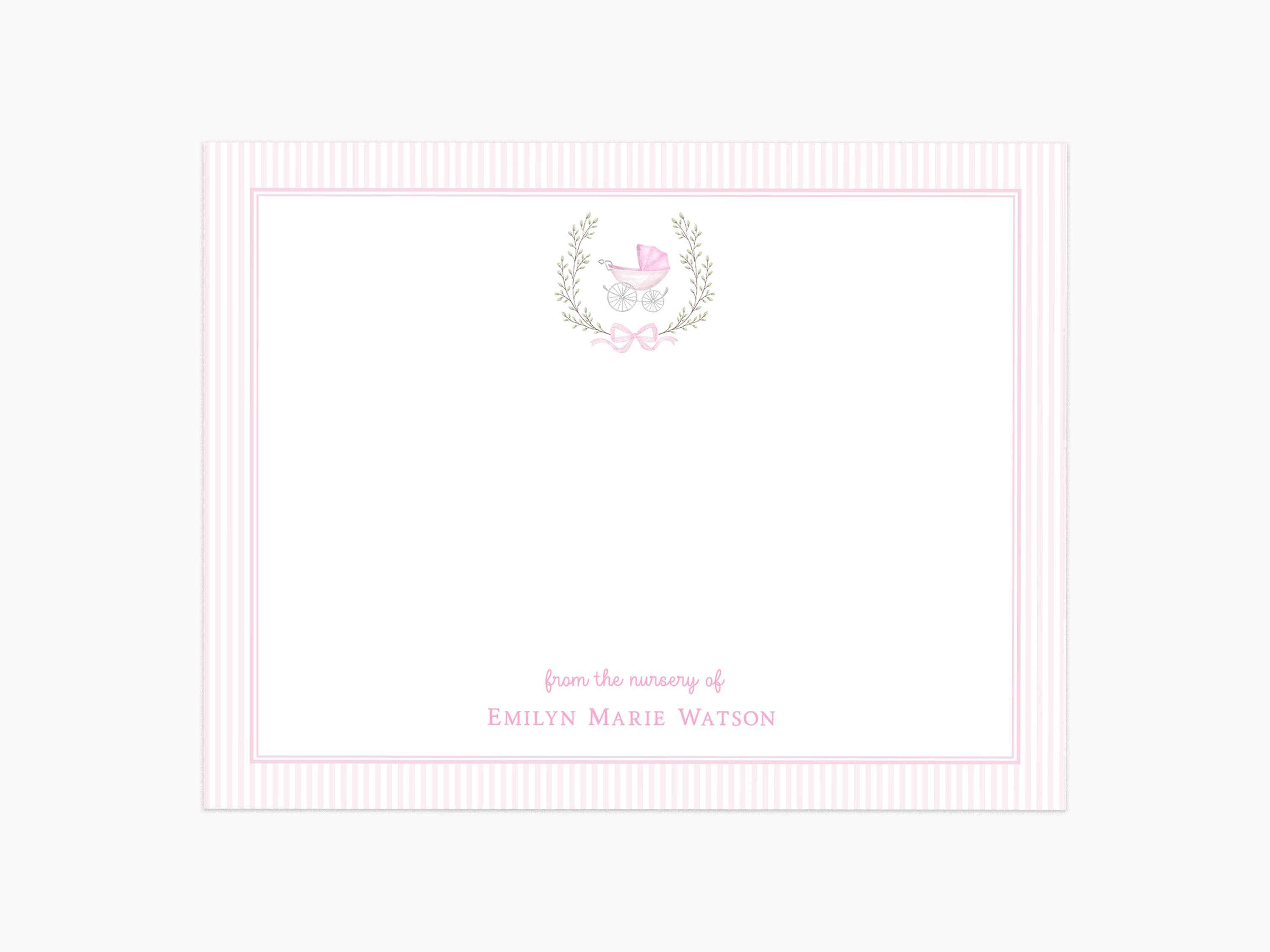 Pink Baby Carriage Stationery Set | Custom Baby Shower Note Cards for Baby Girl | Personalized A2 Flat Stationary with Envelopes