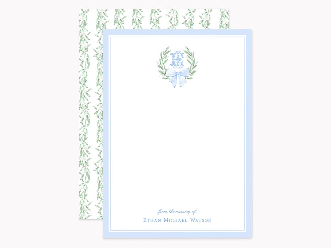 Blue Bow Crest Note Cards | Custom 5x7 Preppy Monogram Stationery With ...