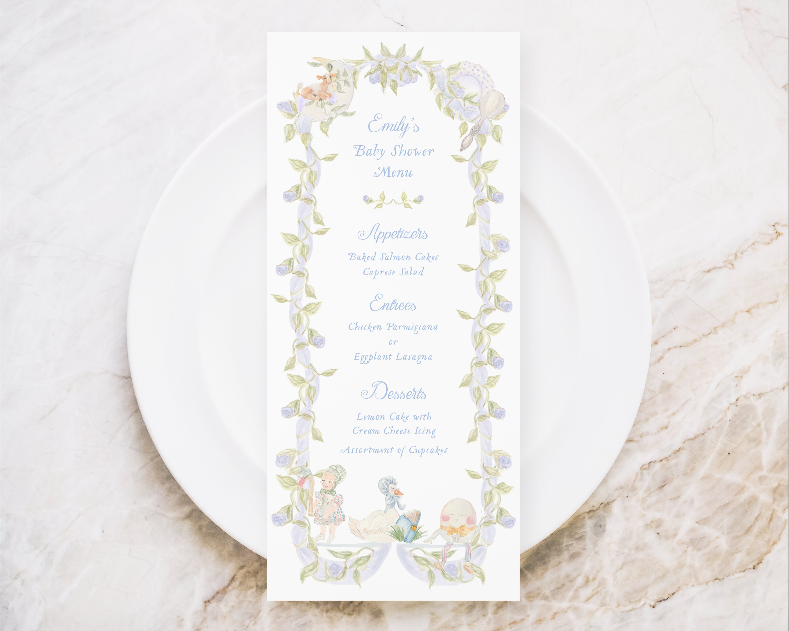 Printed Nursery Rhyme Menu Set Custom Baby Shower Menus for Baby Boy