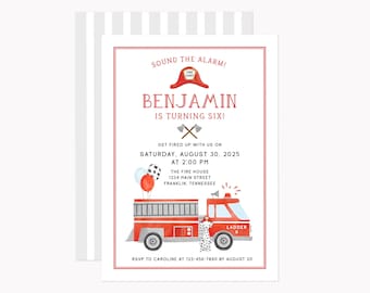 May include: A rectangular birthday invitation card featuring a red fire helmet, crossed axes, and a red fire engine illustration. The text reads: SOUND THE ALARM! BENJAMIN IS TURNING SIX! SATURDAY, AUGUST 30, 2025 AT 2:00 PM, THE FIRE HOUSE, 1234 MAIN STREET.