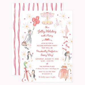 Jolly Holiday Invitations | Printed 5x7 Mary Poppins-Inspired Party Invites with Envelopes