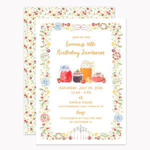 May include: A rectangular birthday invitation card featuring a watercolor border of strawberries, flowers, and small plates. The text reads: Join us for Emma's 16th Birthday Jamboree, Saturday, July 25, 2026, 10 AM - 4 PM at Emma's House, 1244 Strawberry Lane, Franklin, TN. RSVP to Elizabeth at (123) 456-7890 by September 13.