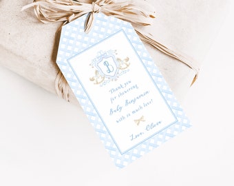 Printed Rocking Horse Gift Tag Set | Custom Blue Baby Shower Favor Tags for Baby Boy | Personalized Hang Tags