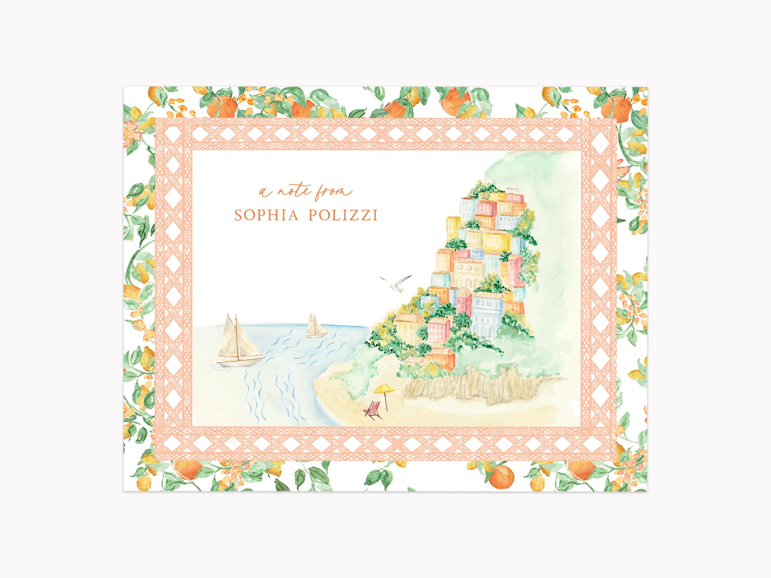 Amalfi Coast Stationery Set | Custom Mediterranean Summer Citrus Note Cards | Personalized A2 Folded Stationary with Envelopes