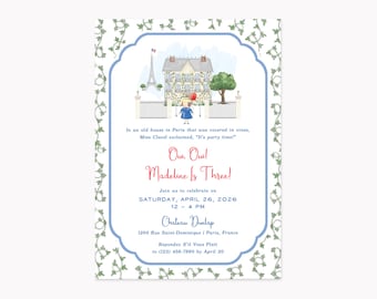 Madeline Birthday Invitations | Printed 5x7 French Girl in Paris Party Invites with Envelopes