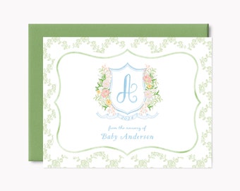 Printed Floral Crest Stationery Set | Spring Baby Shower Note Cards | Personalized A2 Folded Stationary with Envelopes