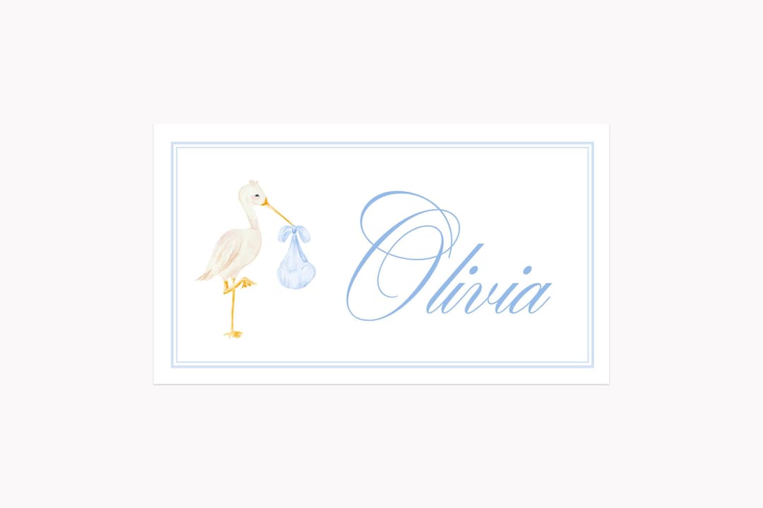 Stork Crest Blue Place Cards | Printed 3.5x2 Boy Baby Shower Table ...