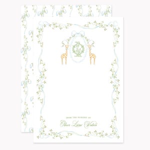 Giraffe Crest Blue Note Cards | Printed 5x7 Spring Grandmillennial Stationery with Envelopes