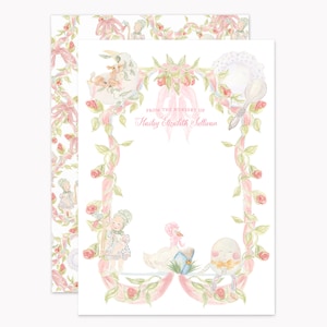 Pink Nursery Rhyme Stationery Set | Custom Mother Goose Note Cards for Baby Girl | Personalized 5x7 Flat Stationary with Envelopes