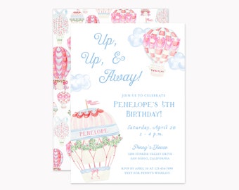 Printed Hot Air Balloon Invitation Set | Personalized 5x7 Party Invitations with White Envelopes