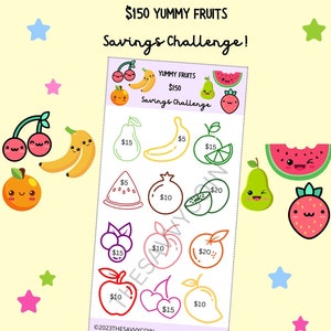 150 Yummy Fruits Savings Tracker, Food savings challenge, budget binder savings tracker, cash envelopes challenge, sinking funds