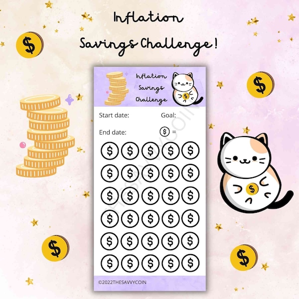 Savings Challenge, Cat Inflation Savings Tracker, A6 Recession Savings Challenge Tracker, Cute Cat Savings Tracker for Budget Binder