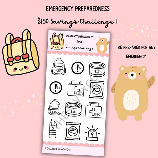 Emergency First Aid Preparedness Savings Tracker, Emergency Preparedness Savings Tracker, A6 Inflation Savings Challenge Tracker,  Savings