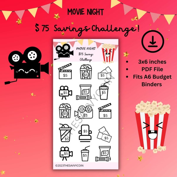 Movie Night Savings Tracker, Movie savings challenge, mini savings challenge tracker, Date Night budget, Financial tracker, Expense Trackers