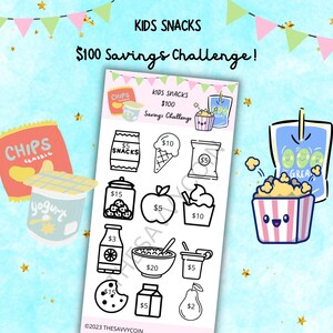 100 Dollars for Kids Snacks Savings Tracker, Kids Snacks savings challenge, mini savings challenge tracker, food budget, kids snacks tracker