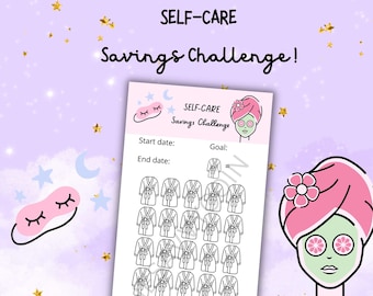 May include: A printable self-care savings challenge tracker with a pink and green illustration of a woman wearing a spa headband. The tracker has 30 spaces to color in as you save towards your goal. The text reads "SELF-CARE Savings Challenge!" and "Start date:", "End date:", and "Goal:".