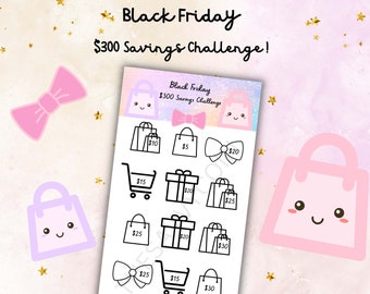 Puede incluir: Una hoja de pegatinas imprimible para un desafío de ahorro del Black Friday. Las pegatinas muestran bolsas de la compra, cajas de regalo, lazos y carros de la compra con cantidades en dólares impresas en ellas. La hoja está decorada con estrellas rosas y moradas.