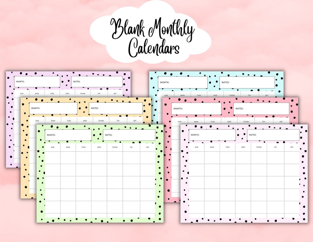Blank Calendar Printable, Blank Calendar Polka Dots 8.5 X 11 Inches ...