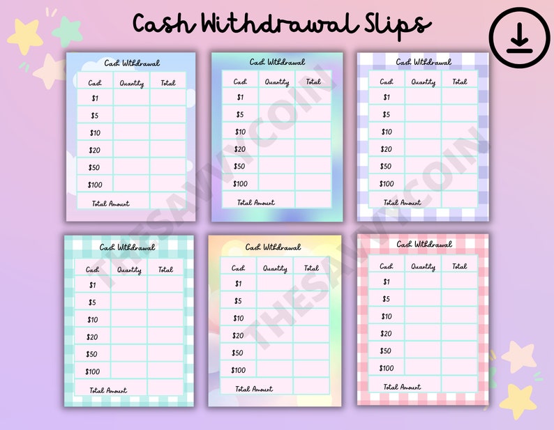 Cash Breakdown Slips Printable Cash Withdrawal Slips Set of - Etsy