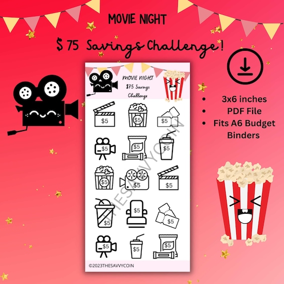 Movie Night Savings Tracker, Movie savings challenge, mini savings challenge tracker, Date Night budget, Financial tracker, Expense Trackers