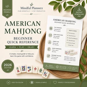 Nybörjarguide för amerikansk mahjong, utskrivbar fusklapp för mahjong, snabbreferens för mahjongregler, guide till rutor, inlärningshjälpmedel i PDF-format
